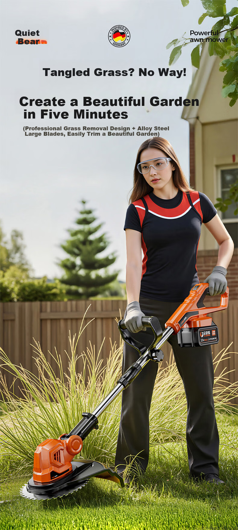 Quiet Bear Electric Lawn Mower Rechargeable Lithium Battery Fully Automatic High Power Garden Lawn Grass Trimmer 10