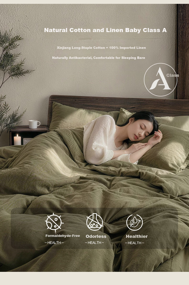 MUJI × JDear JD.com Collaboration Ma Shang Series Natural Cotton Linen Four-Piece Set Class A Antibacterial Sheet Quilt Cover 220*240cm 1.8m Bed Matcha Green 5