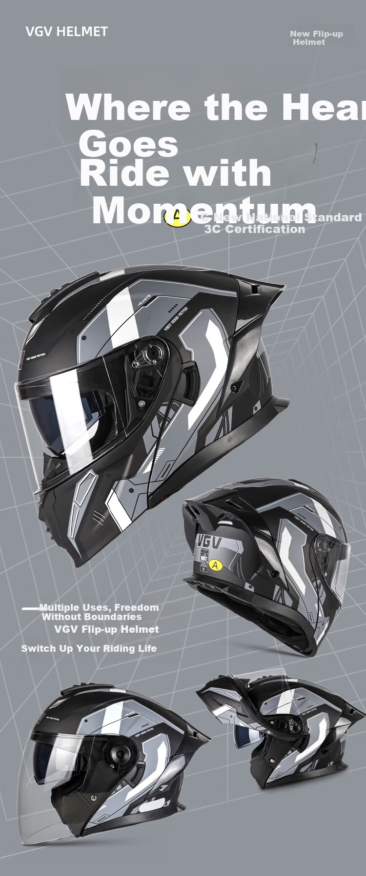 VGV Motorcycle Electric Vehicle Helmet Flip-up 3C Certified JD Self-operated Summer Helmet Engine Black XXL 1