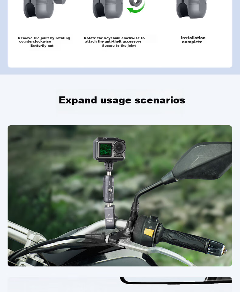 FANAUE Motorcycle Phone Holder, Action Camera Mount, 20mm Ball Head, Expansion Rod, Double-Joint Accessory, DA-60M 9