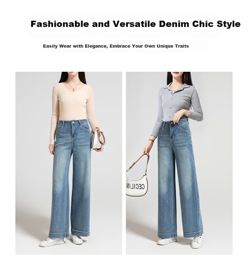Meishi Women's Jeans 2026 Spring New High Waist Stretch Slim Straight Vintage Wide Leg Pants Blue 28 9