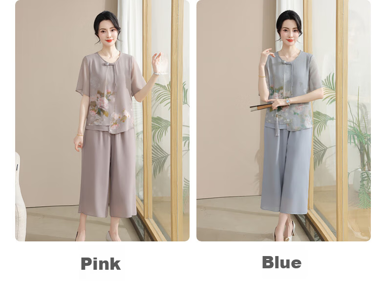 Hengyuanxiang Mother's Day Gift Practical Summer Chiffon Short Sleeve Suit for Mom, Stylish Middle-aged and Elderly Women's Clothing for 50s and 60s 3