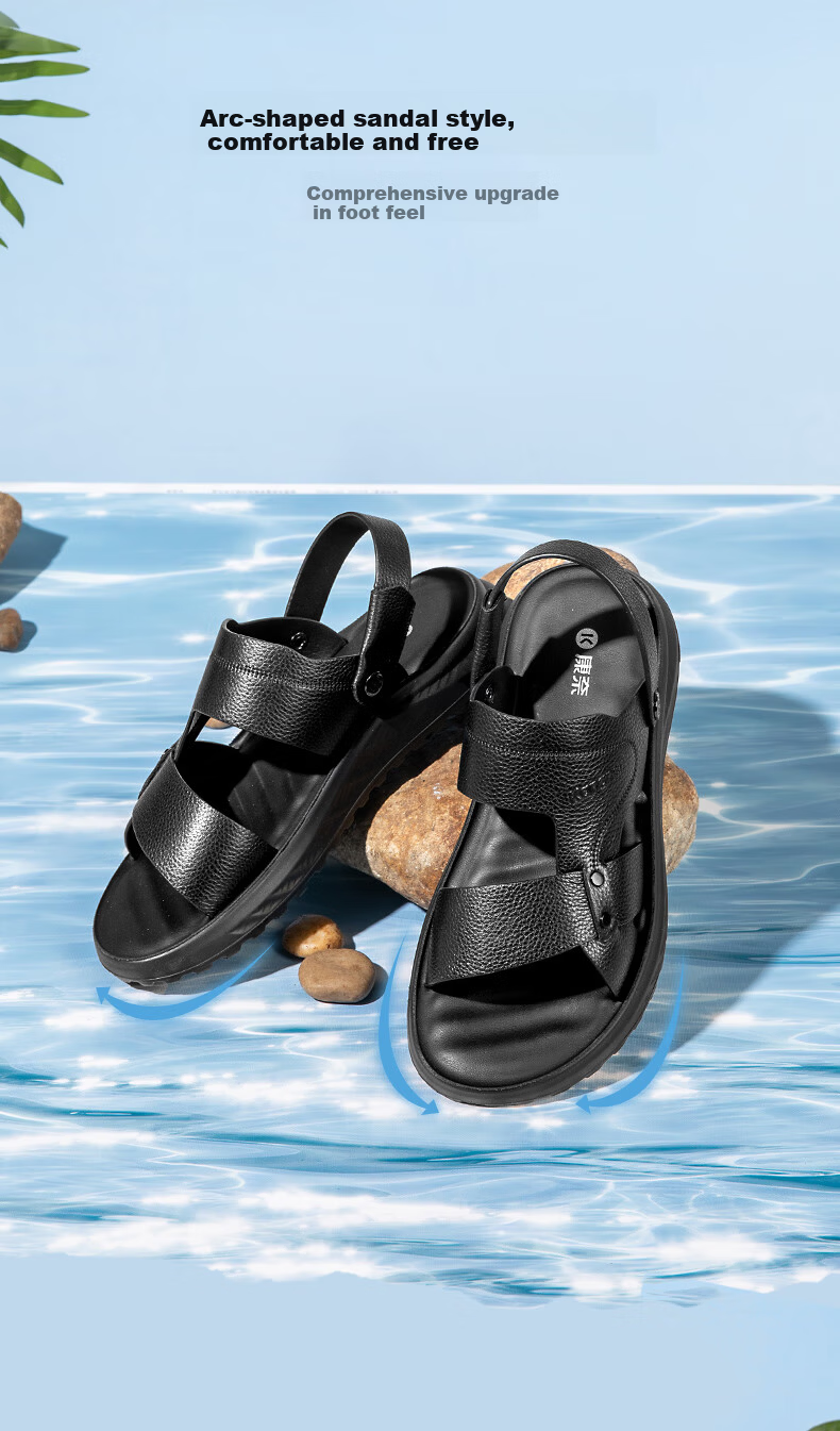 Connie Men's Summer Casual Genuine Leather Cowhide Dual-Wear Soft Breathable Odor-Resistant Beach Sandals Black Size 38 9