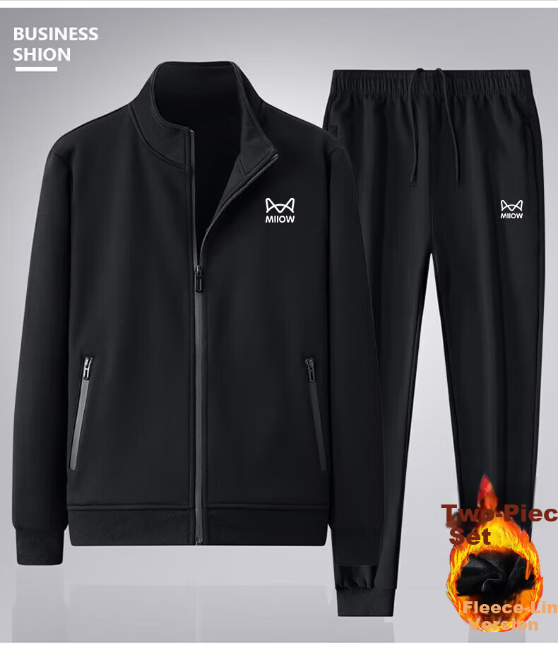 Miiow Men's Spring Autumn Set Jacket Versatile Business Pants Sports Casual Two-Piece Set Dark Blue Straight Leg 4XL 6