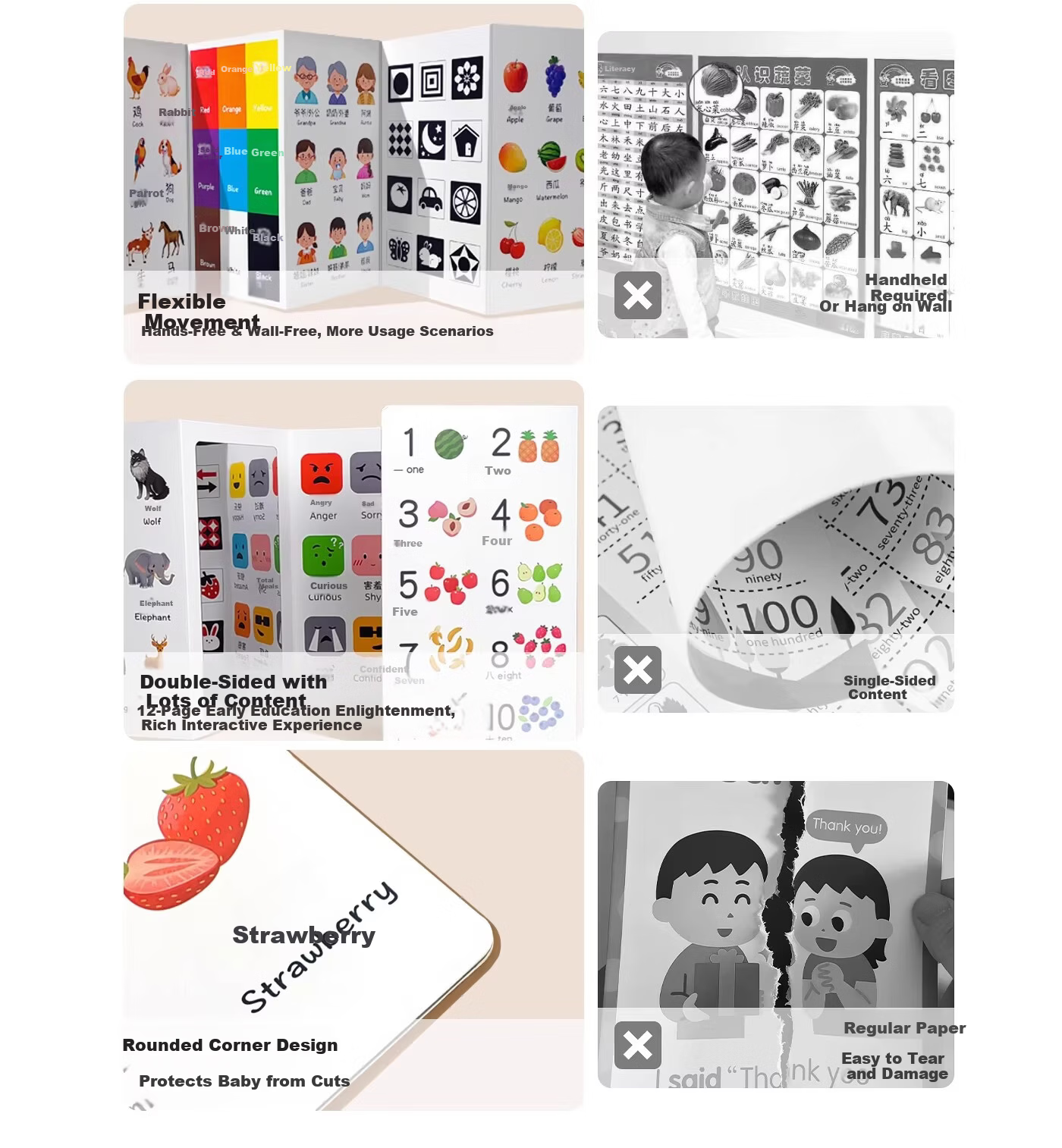 Licheers Baby Cognitive Cards Folding Montessori Early Education Educational Toy First Birthday Gift Infant Learning Tool 3D Word Book 3