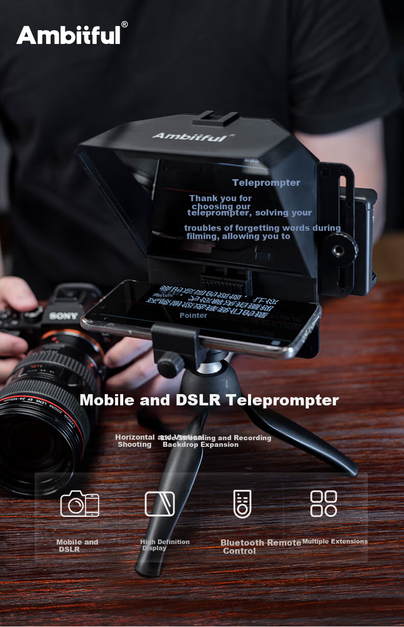 AMBITFUL Zhijie T1 Live Teleprompter Interview Lyric Teleprompter Small Portable Mobile Phone DSLR Camera Universal Suitable for Influencers and Hosts Memory Aid Device 1