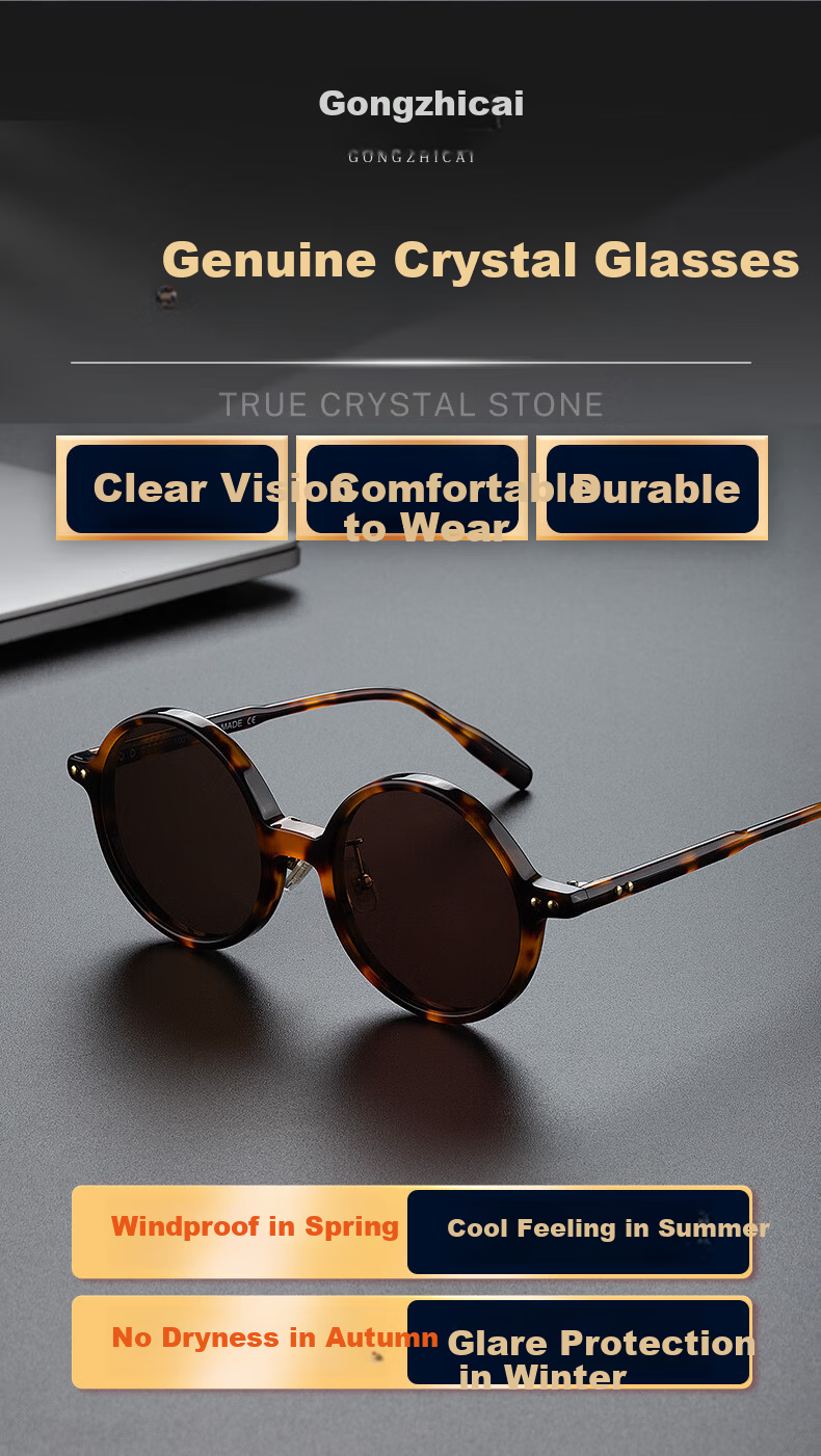 Gongzhicai Trendy Round Frame Crystal Sunglasses Vintage HD Real Stone Lens Sun Glasses Cool Eye Protection Outdoor for Elderly 6