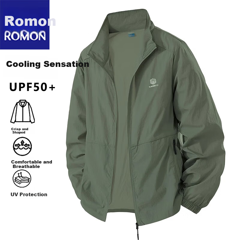 ROMON Men's Summer Lightweight Breathable Casual Comfortable Quick-Dry Fashion Sun Protection Jacket Military Green XL