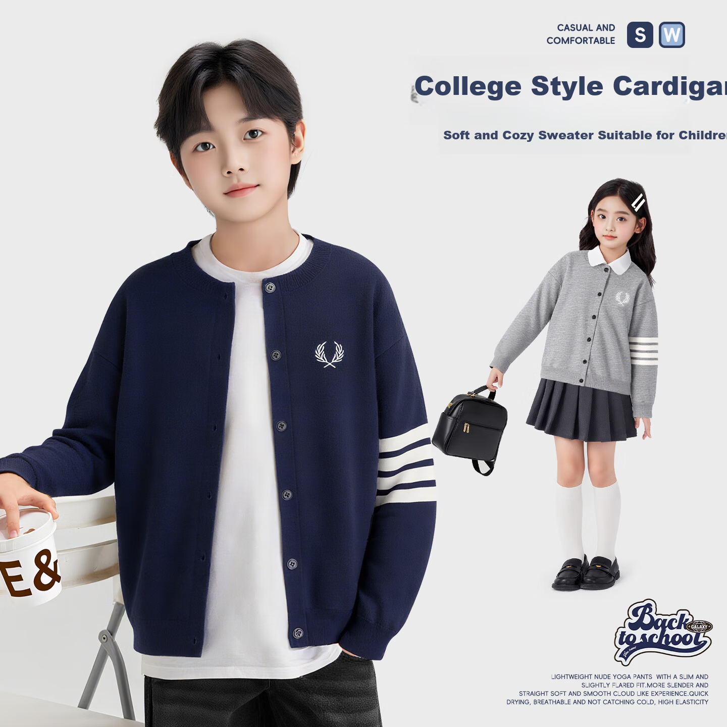 Langsha Autumn Boys' College Style Sweater Cardigan Casual Knitwear Navy Blue 130