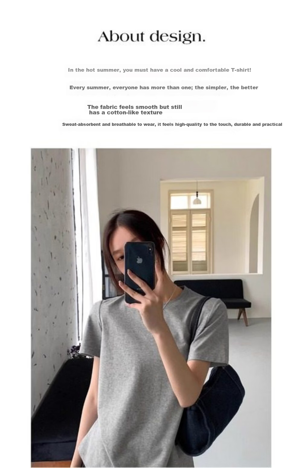 ICH MODE Minimalist Paper Doll Short Sleeve Women's T-Shirt Summer Simple Cool Base Shirt Solid Color Inner Wear Light Gray M 3