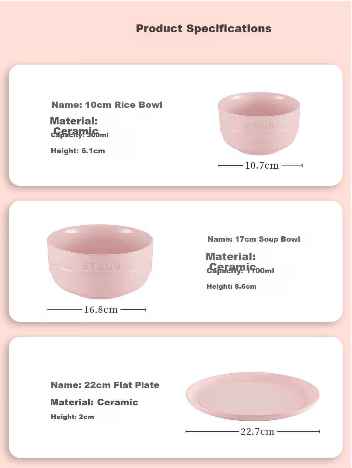 Staub Mousse Rose Pink 16-Piece Dinnerware Set for 6 People, Includes Salad Bowls, Rice Bowls, Soup Noodles Bowls 1033077 6