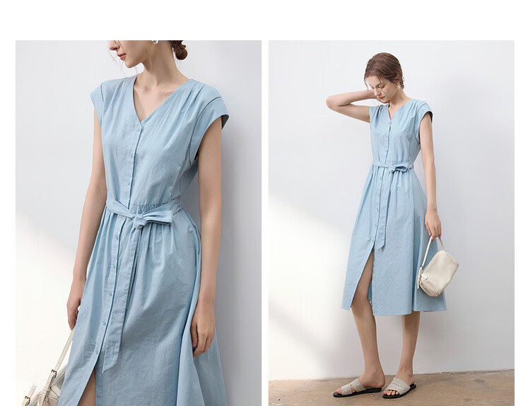 Demana [With Linen Cotton] Summer Commuter Style Lace Splice Cap Sleeve V-Neck Waist Cinched A-Line Mid-Length Dress for Women 7