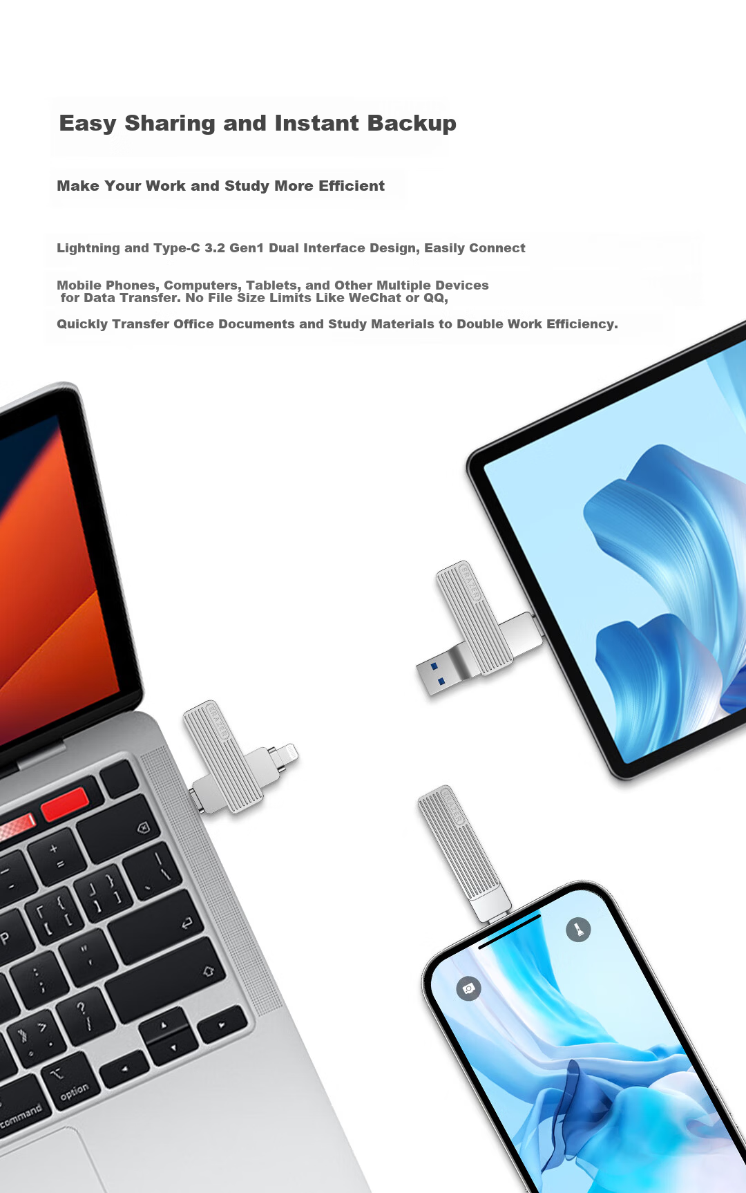 Lenovo Ecosystem Brand Yinen 128GB Type-C Lightning Dual Interface USB 3.2 Apple iPhone Flash Drive F520 One-Key Backup Android Apple Universal USB Drive 9