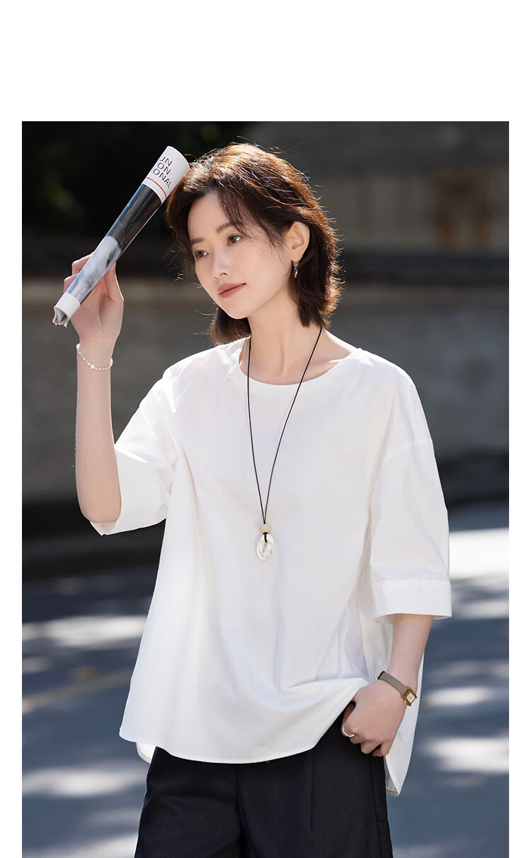 Demana Oxygen Pure Cotton Summer Simple Style Round Neck Irregular Hem Loose Slimming Concealing Shirt for Women Premium Feel 9
