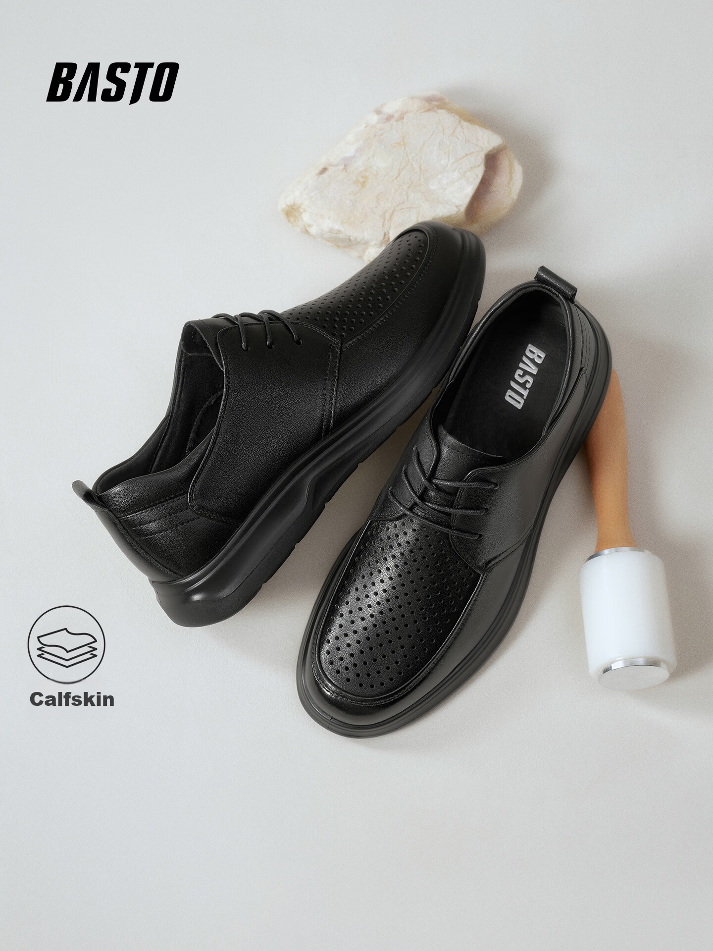 BASTO 26 Summer Comfortable Leather Shoes Perforated Breathable Business Formal Commuter Casual Men's Leather Shoes 67W15BM6 Black Size 41 2