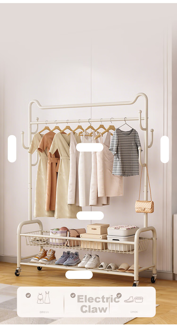 Yupin Floor-Standing Coat Rack, Bedroom And Living Room Movable Clothes Hanger Storage Rack, YJ91 Double-Layer 100 White 3