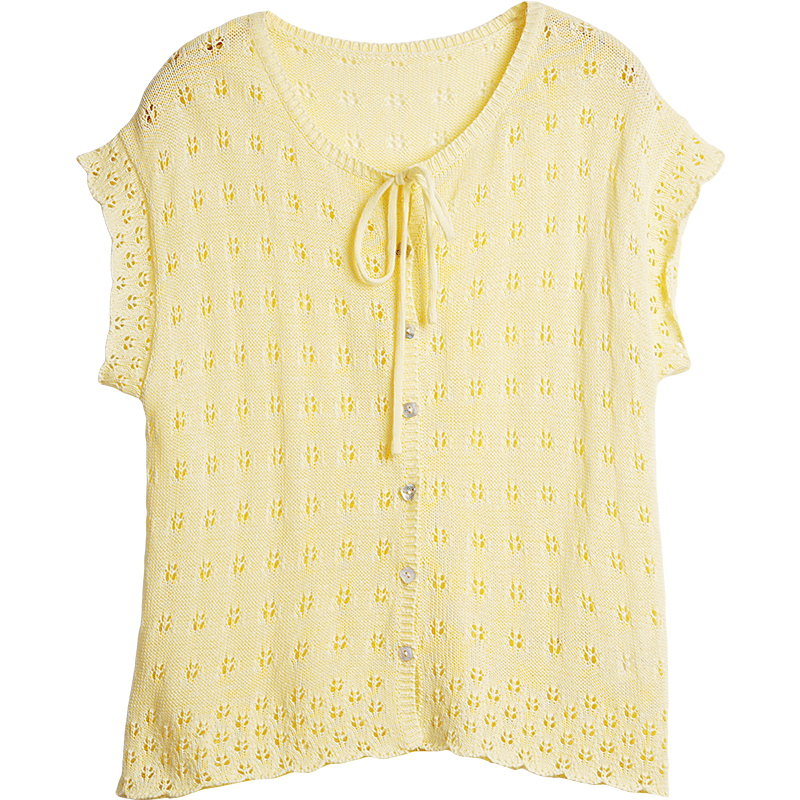 Olrain Summer New Round Neck Tie Single-Breasted Hollow Jacquard Knit Cardigan Women Top Yellow S