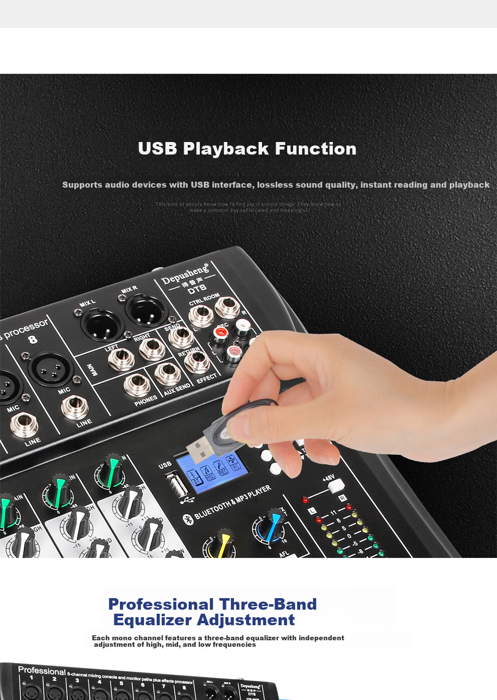 Depusheng DT8 Professional 8-Channel Mixer Stage Performance Video Conference Training Recording Live Singing Reverb USB Bluetooth MP3 Playback Multi-Channel Control Outdoor with Effects Equalizer 5