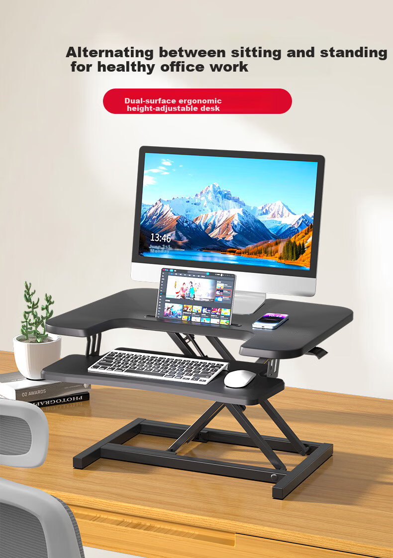 ECOLUS Height Adjustable Desk, Computer Desk, Standing Desk with Lift Support, Dual-Layer Workstation for Standing Office Use, LST05BK 1