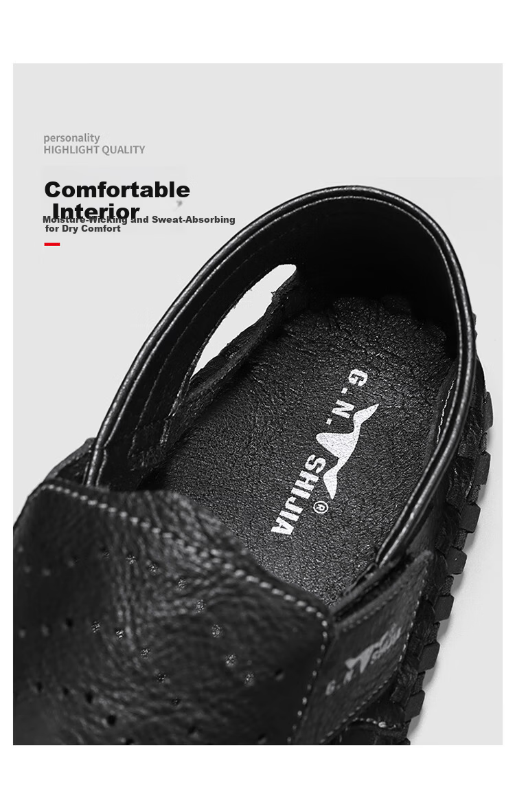 Bull Family Leather Sandals Summer Beach Shoes Men's Driving Outdoor Casual Trendy Soft Leather Soft Sole Handmade Hole Sandals 6
