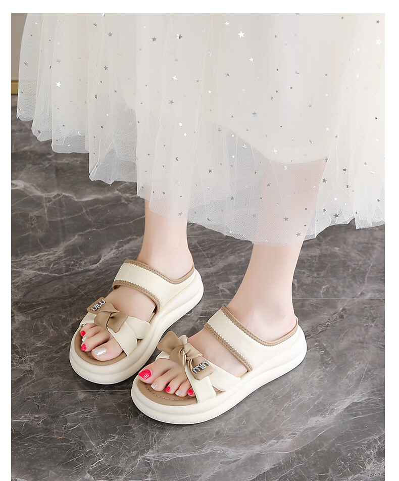 CARTELO Women's Summer Sandals Thick Soft Sole Bow Slip-On Beach Shoes 1883 Beige Size 35 14