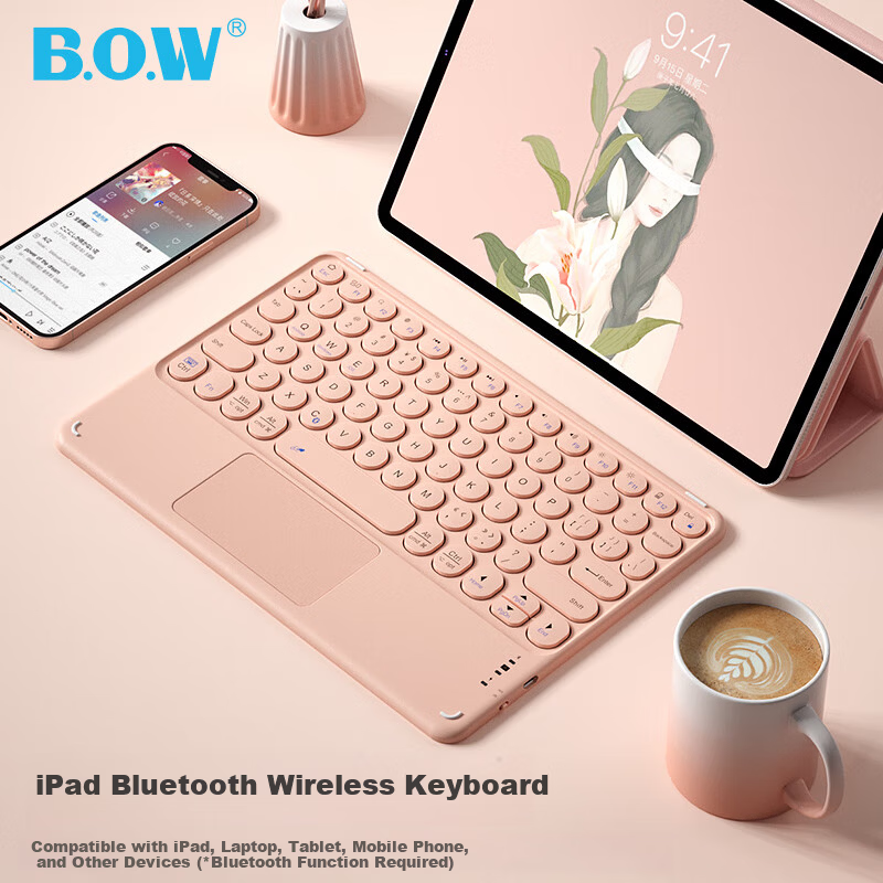 B.O.W Hangshi HB252 Ultra-thin Bluetooth Wireless Touch Keyboard for iPad Xiaomi Huawei Apple Tablet Mobile Laptop Silent Rechargeable Keyboard Pink