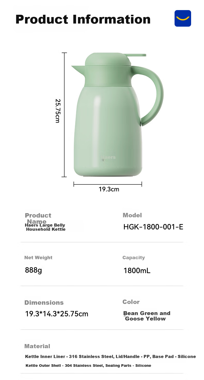 Haers 316L Stainless Steel Insulated Thermos Flask Household Large Capacity Hot Water Kettle Ivory White 2L 14