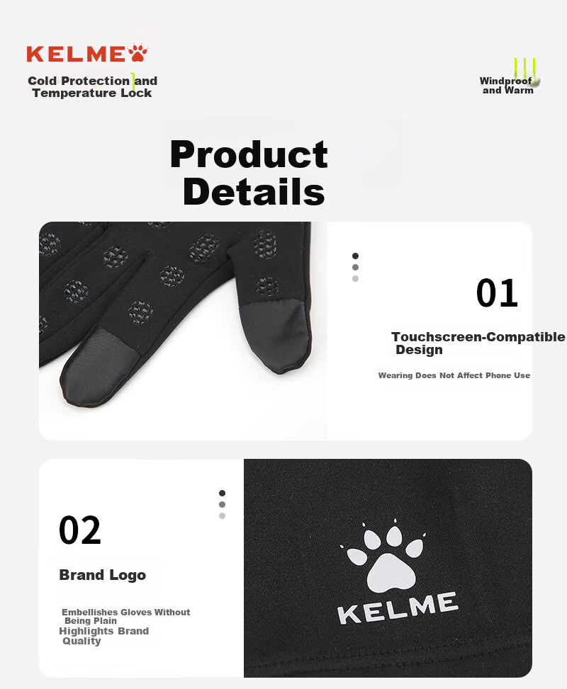 KELME Winter Outdoor Running Cycling Gloves Unisex Warm Fleece Lined Cold Resistant Bicycle Football Training Gloves 12