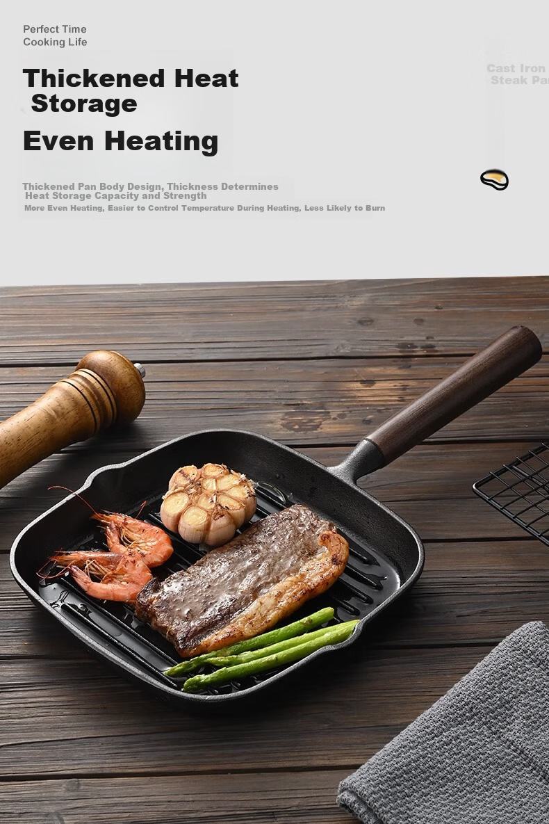 PAKCHOICE Steak Frying Pan Breakfast Cast Iron Skillet Non-Coated Flat Pan 23cm Compatible with Gas Stove and Induction Cooker 16