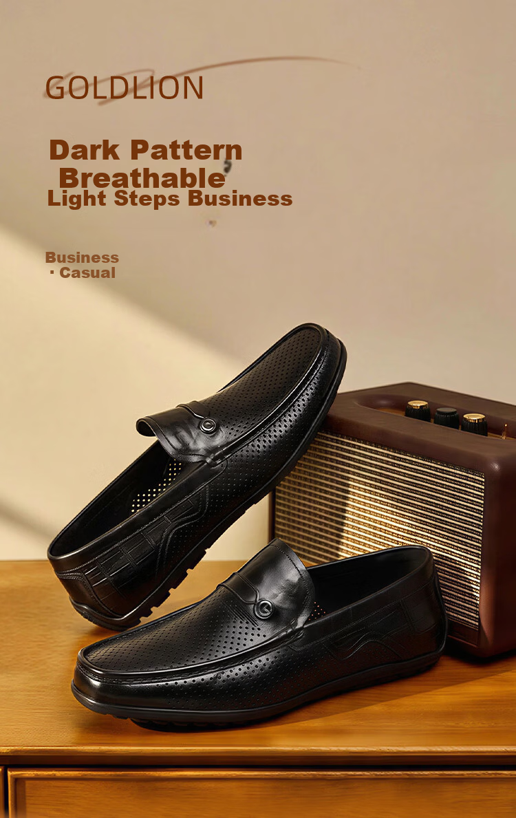 Goldlion Men's Shoes 26 Summer New Business Casual Perforated Breathable Lightweight Slip-On Leather Shoes G534620171AAD Black Size 41 1