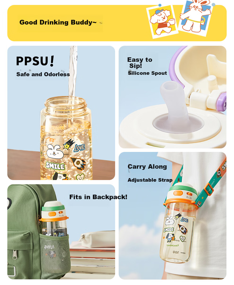 Lock&Lock Kids School Handheld Straw Cup Student Plastic Water Bottle Outdoor Portable Sports Cup PPSU Material 2