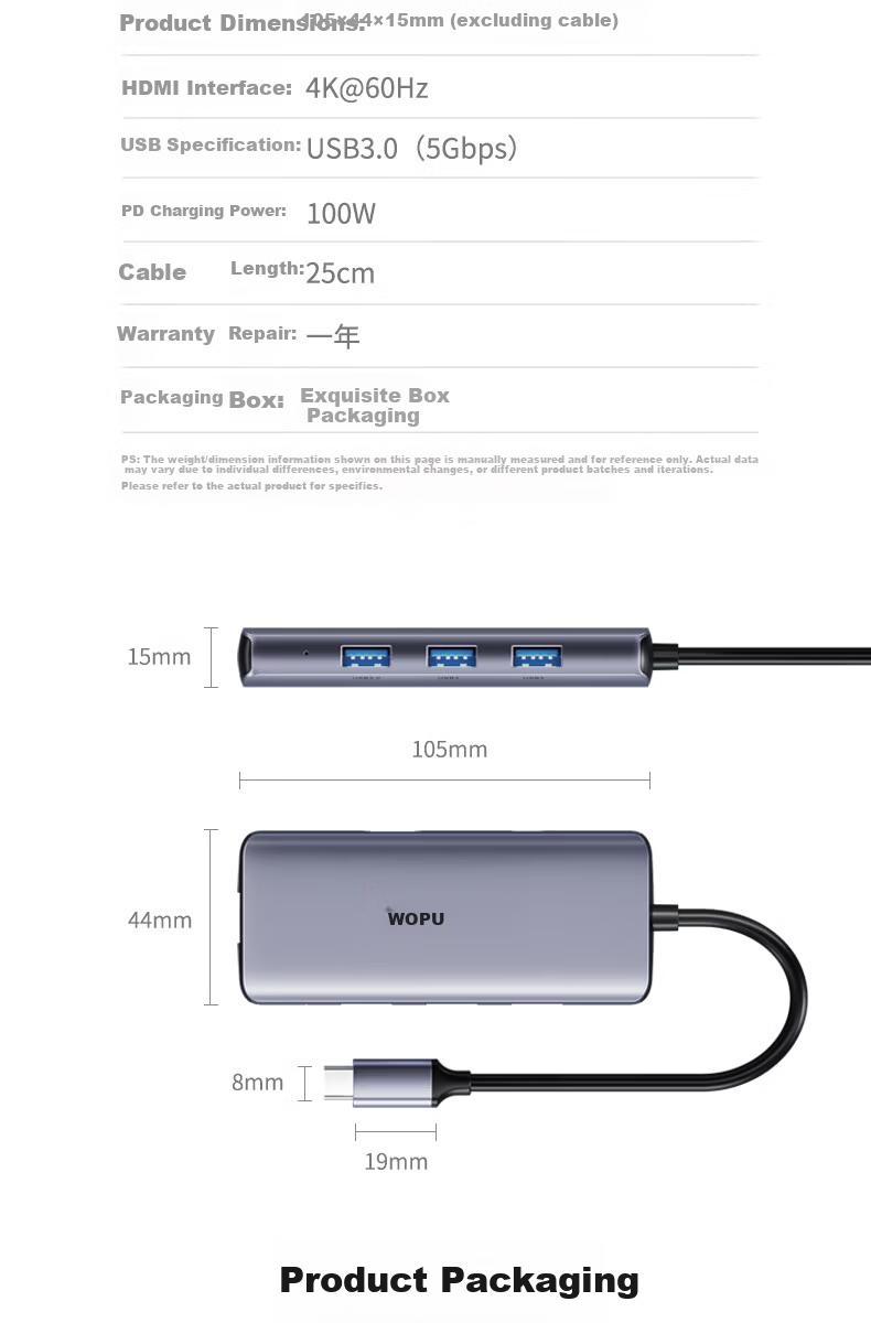 Wopul Type-C to Gigabit Ethernet Dock USB-C Hub HDMI Adapter 4K60Hz RJ45 Network Cable Converter for Huawei Apple MacBook Laptop 18