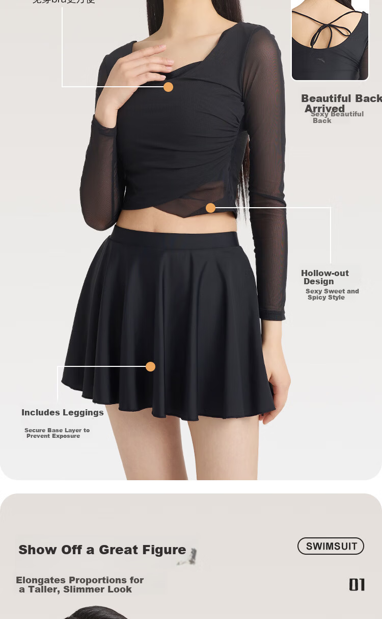 ANTA Women's Slim Waist Two-Piece Long Sleeve Swimsuit 2025 Vacation Hot Spring Slimming Conservative Swimwear M 2