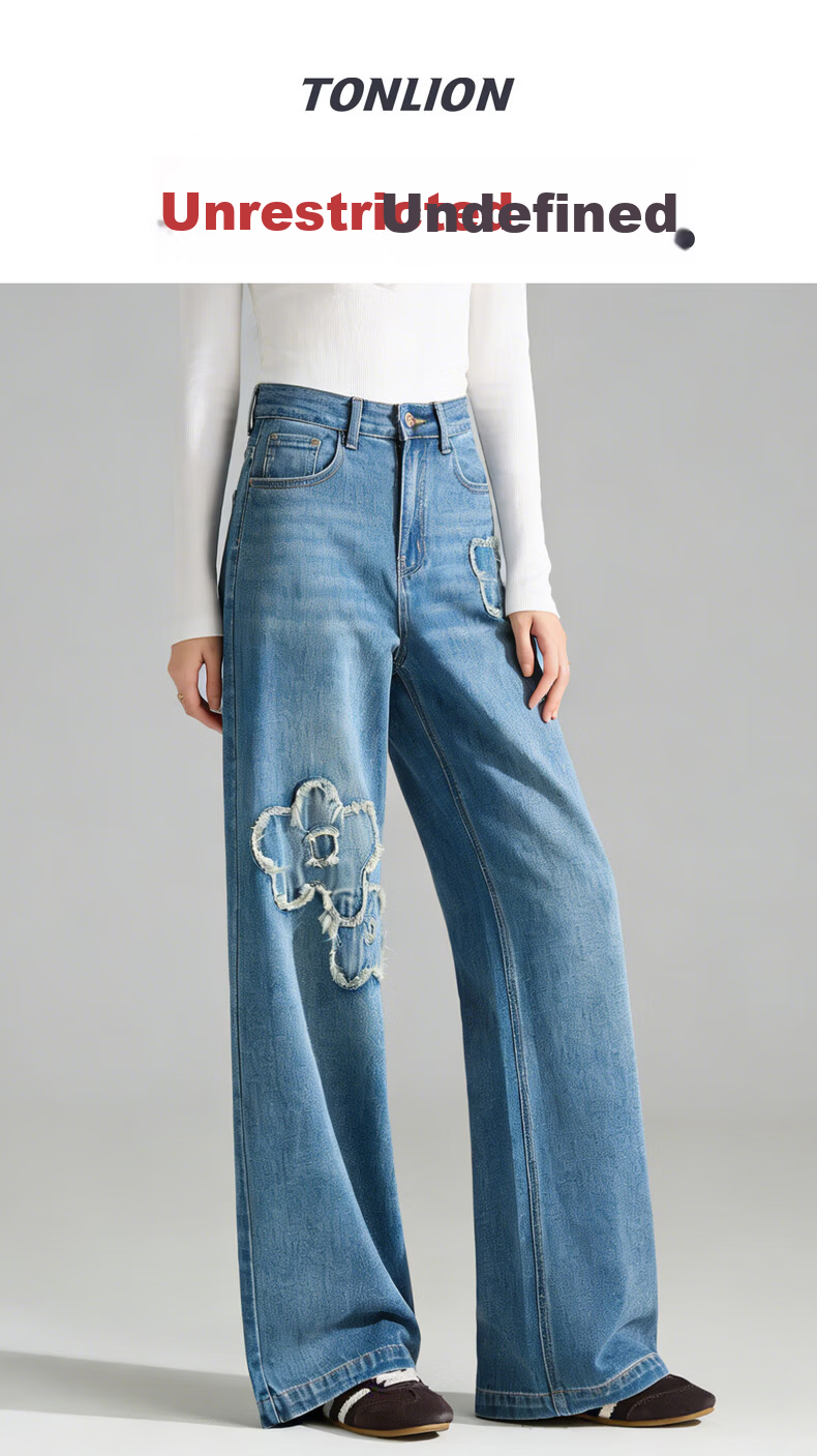 TonLion 2026 Spring Summer Women's Denim Pants Floral Tassel Design Straight Wide-Leg Trousers Fashion Versatile 1