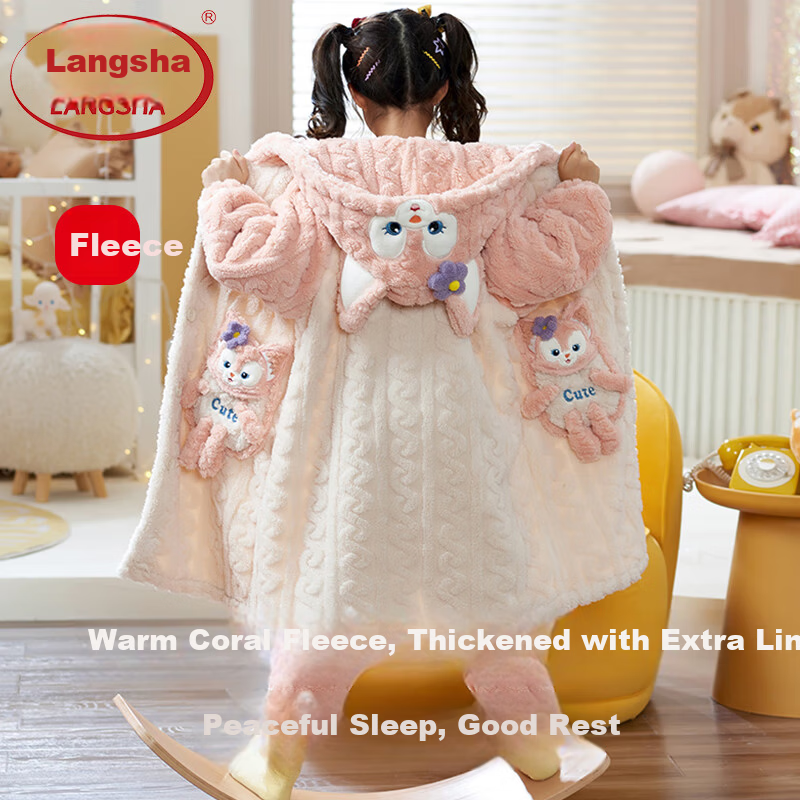 LangSha Baby Girls Coral Fleece Pajamas Autumn Winter 2025 New Children's Bathrobe Winter Stylish Homewear for Little Girls