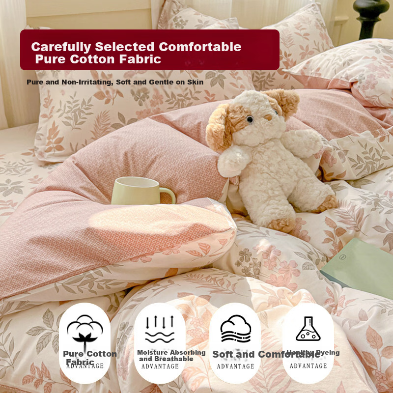 MUJI 100% Cotton Four-Piece Bedding Set 1.5/1.8m Bed A-Class Brushed Cotton Pillowcase Sheet Duvet Cover 200x230cm Rose Red