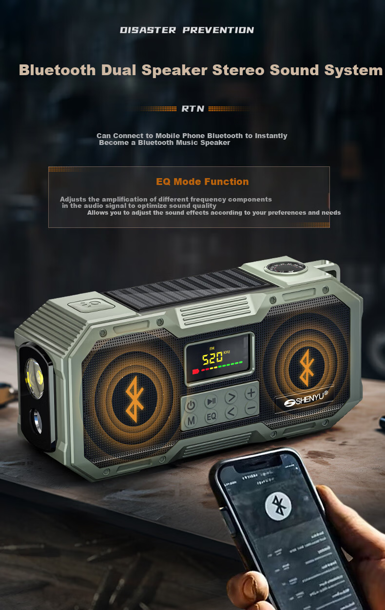 SHENYU Hand-Crank Generator Radio Full-Band High-Quality Sound Flashlight Multifunctional Solar Emergency Military Bluetooth 9