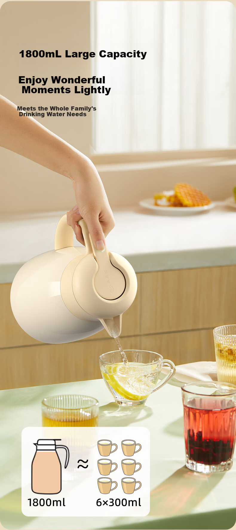 Haers 316L Stainless Steel Insulated Thermos Flask Household Large Capacity Hot Water Kettle Ivory White 2L 8