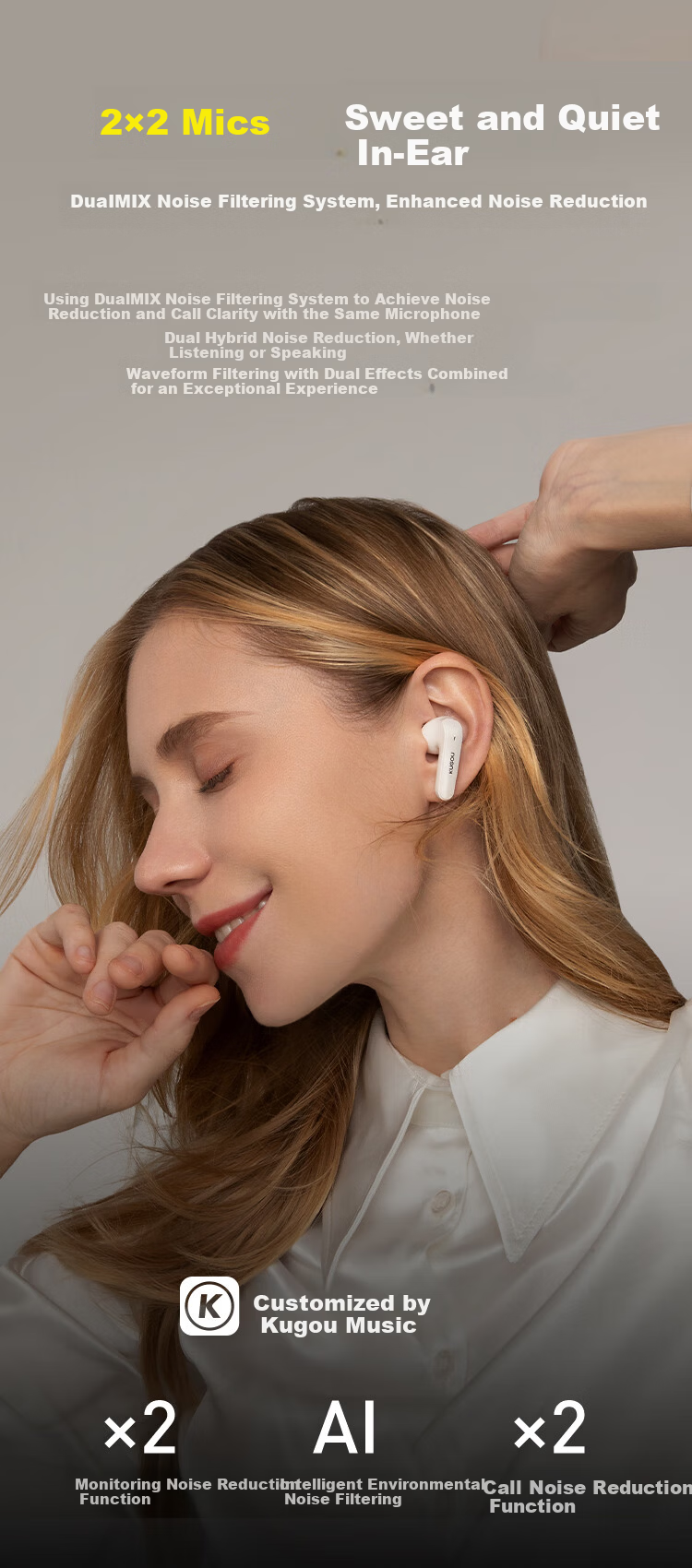 KUGOU [Premium Sound Quality + Powerful Quad-Mic Active Noise Cancellation] Bluetooth 6.0 In-Ear Wireless Earphones Low Latency Pro Music Gaming Long Battery Life Compatible with Huawei Xiaomi M7 3