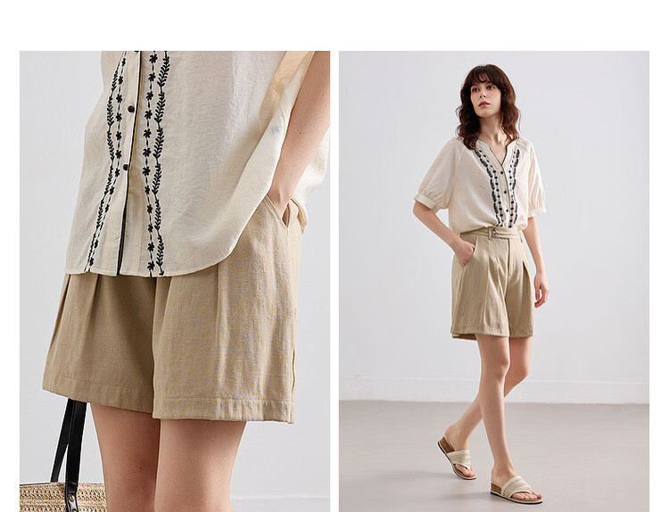 Demana Breathable Linen Feel Summer Commuter Wide-Leg Pleated Two-Button Loose Slimming Women's Casual Shorts 7