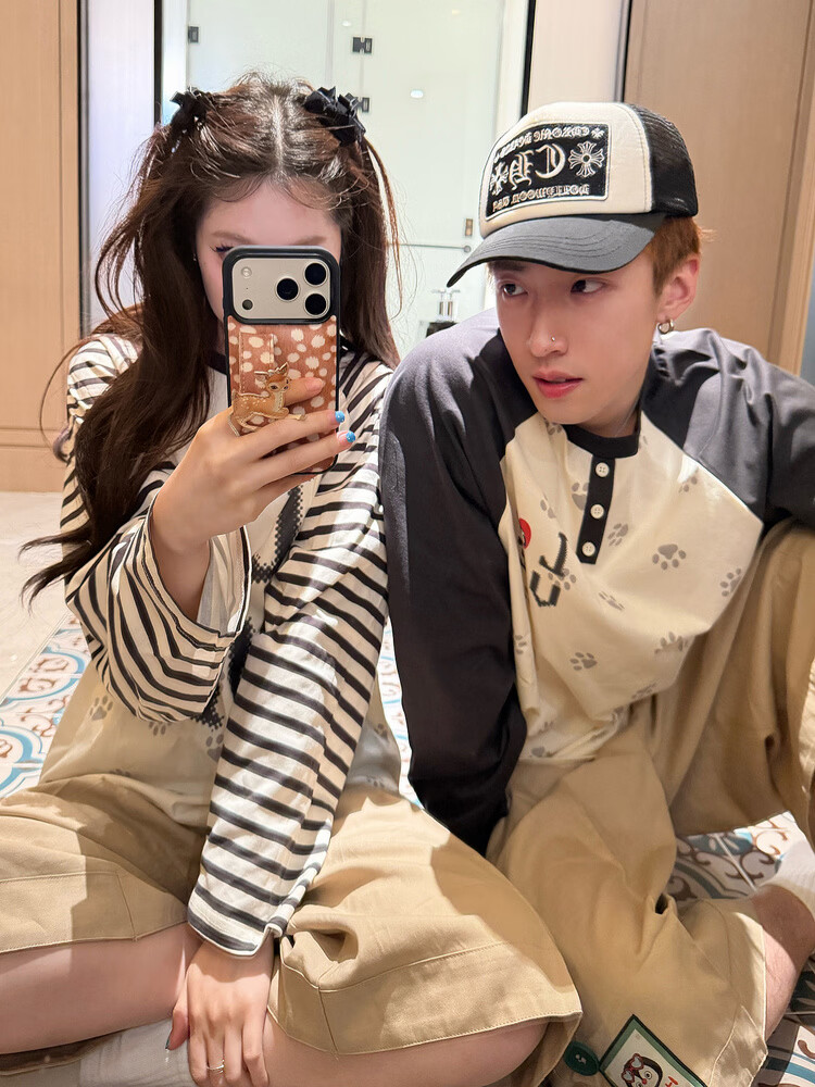 Gukoo Couples Spring Pajamas Small Penguin Print Striped Loose Raglan Sleeve Women's Homewear Set Men's Jade White S 12