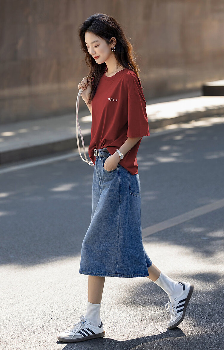Demana [Comfort 180G Pure Cotton] Summer Simple Style Letter Print Loose Fit Women's 5-Sleeve T-Shirt 22