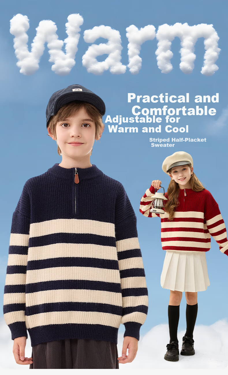Baleno Kids Sweater 2025 Winter New Boys Half-Placket Striped Pullover Fleece-Lined Knitwear for Older Children 1