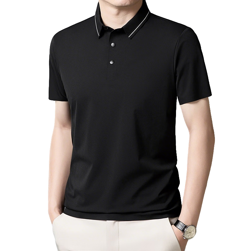 ROMON Men's Polo Shirt Short Sleeve T-Shirt Summer Ice Silk Thin Breathable Business Cool Top Piano Black 3XL