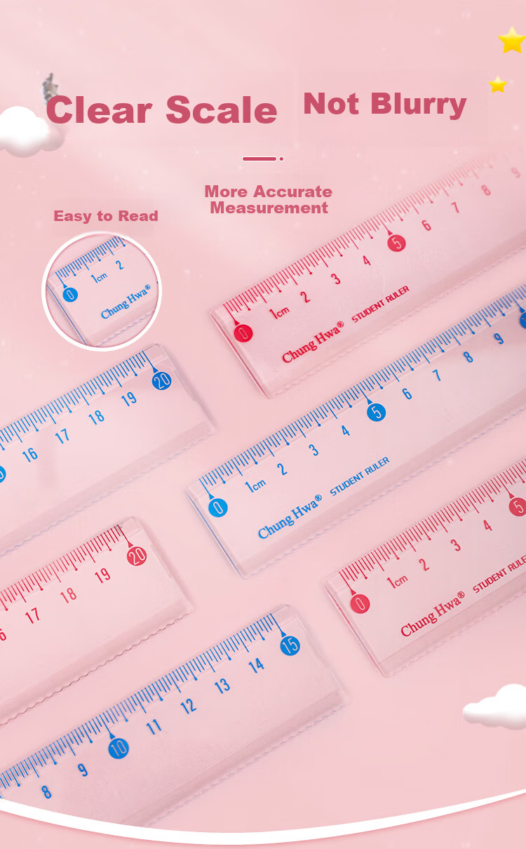 Chung Hwa Explosion-Proof Wear-Resistant High-Precision Plastic Ruler 15cm Multi-Spec Student Drawing Measuring Ruler Wave Transparent Acrylic RB0006 Blue 5
