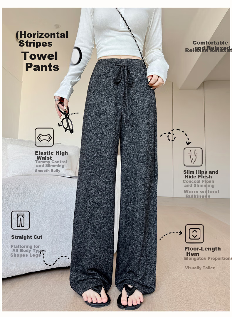 FitonTon Women's Horizontal Striped Knit Towel Pants, New Spring And Summer Style, Slimming Straight-Leg Sweatpants, Casual Lazy-Style Trousers 3