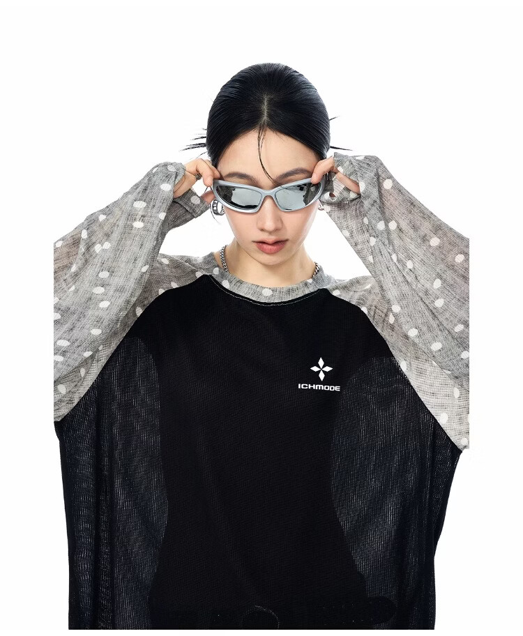 ICH MODE Polka Dot Raglan Sleeve Color Block Long Sleeve T-Shirt Physical Sun Protection Sheer Breathable Summer Top for Women Pink XL 7