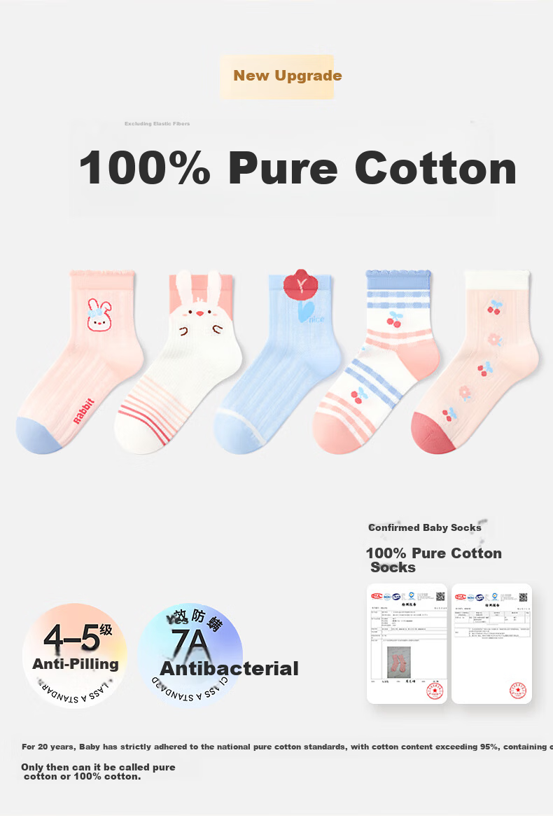 Baby Girls Socks Spring Summer Thin Pure Cotton A-Class 100% Cotton Odor-Resistant Sweat-Absorbing Socks for Older Children Toddler Kids Socks 1