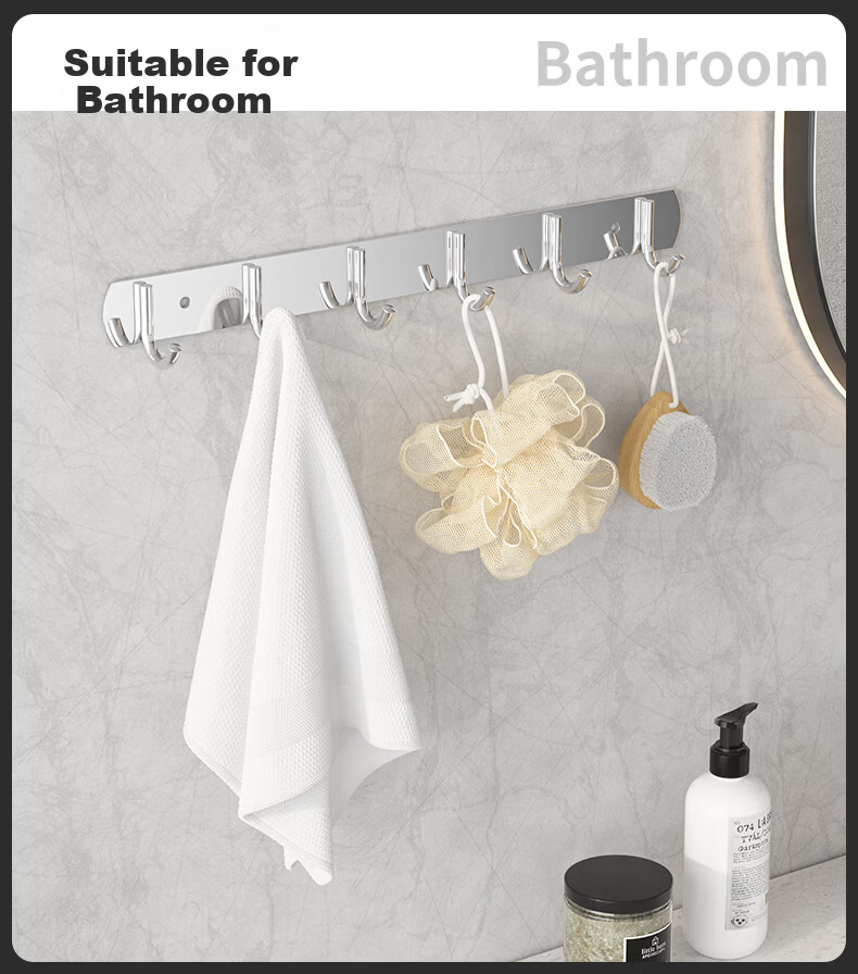 Baizi 304 Stainless Steel Wall-Mounted Clothes Hooks, No-Drill Thickened Bathroom Door Storage Rack, 8 Hooks Adhesive Hooks 9