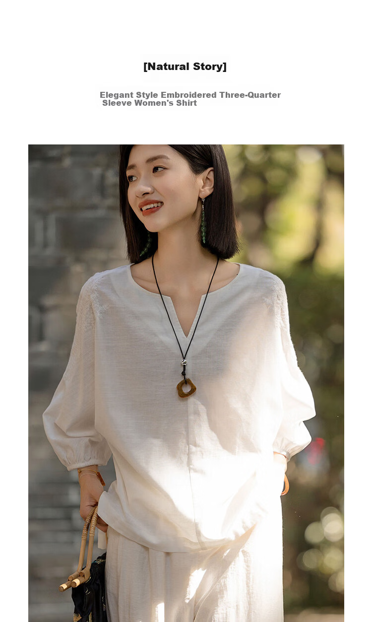 Demana Linen Cotton Blend Spring Elegant Embroidered Shirt 3/4 Sleeve High-Low Hem Petite Women's Blouse 2